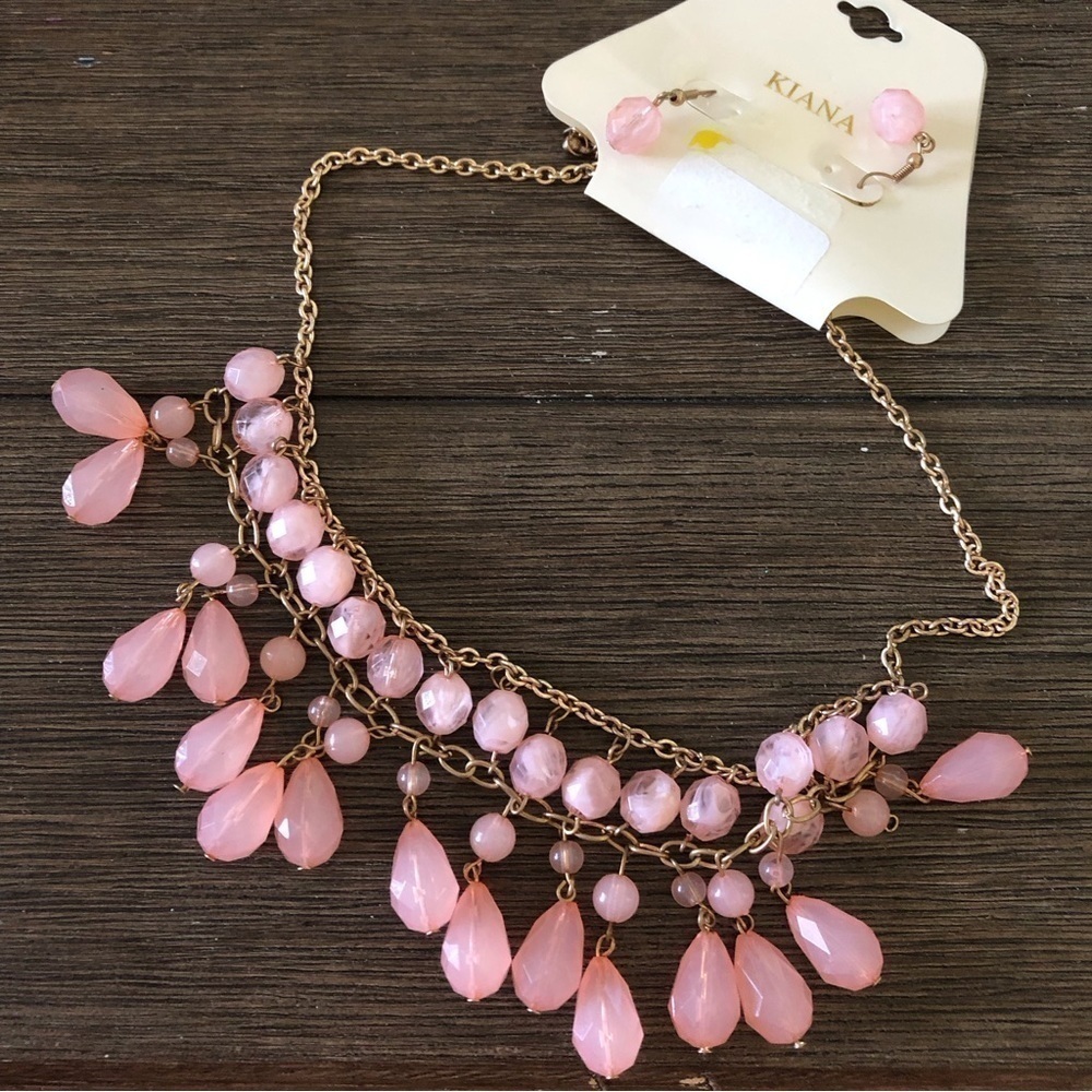 Gold and pink beaded necklace and earrings matching set